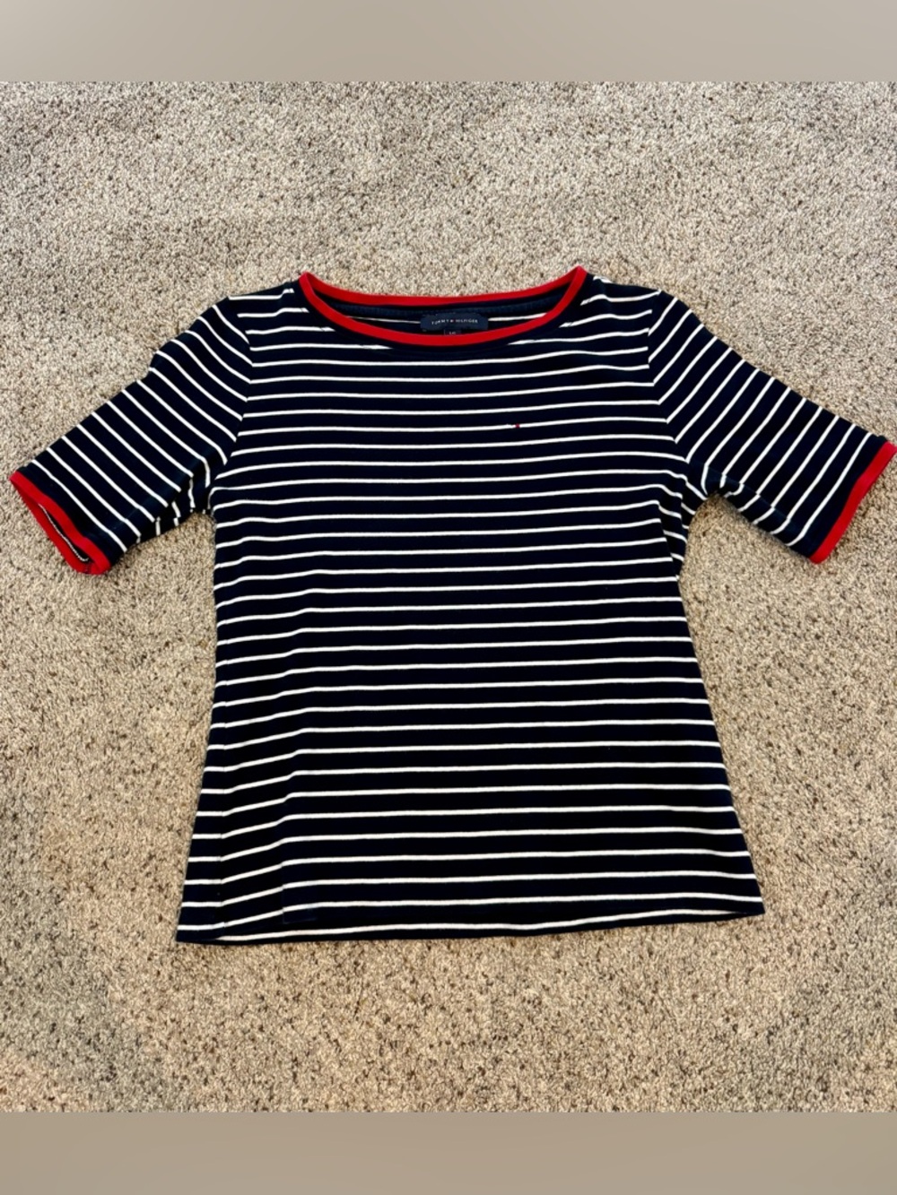 Tommy Hilfiger Navy & White Striped Short Sleeve Tee with Red Trim